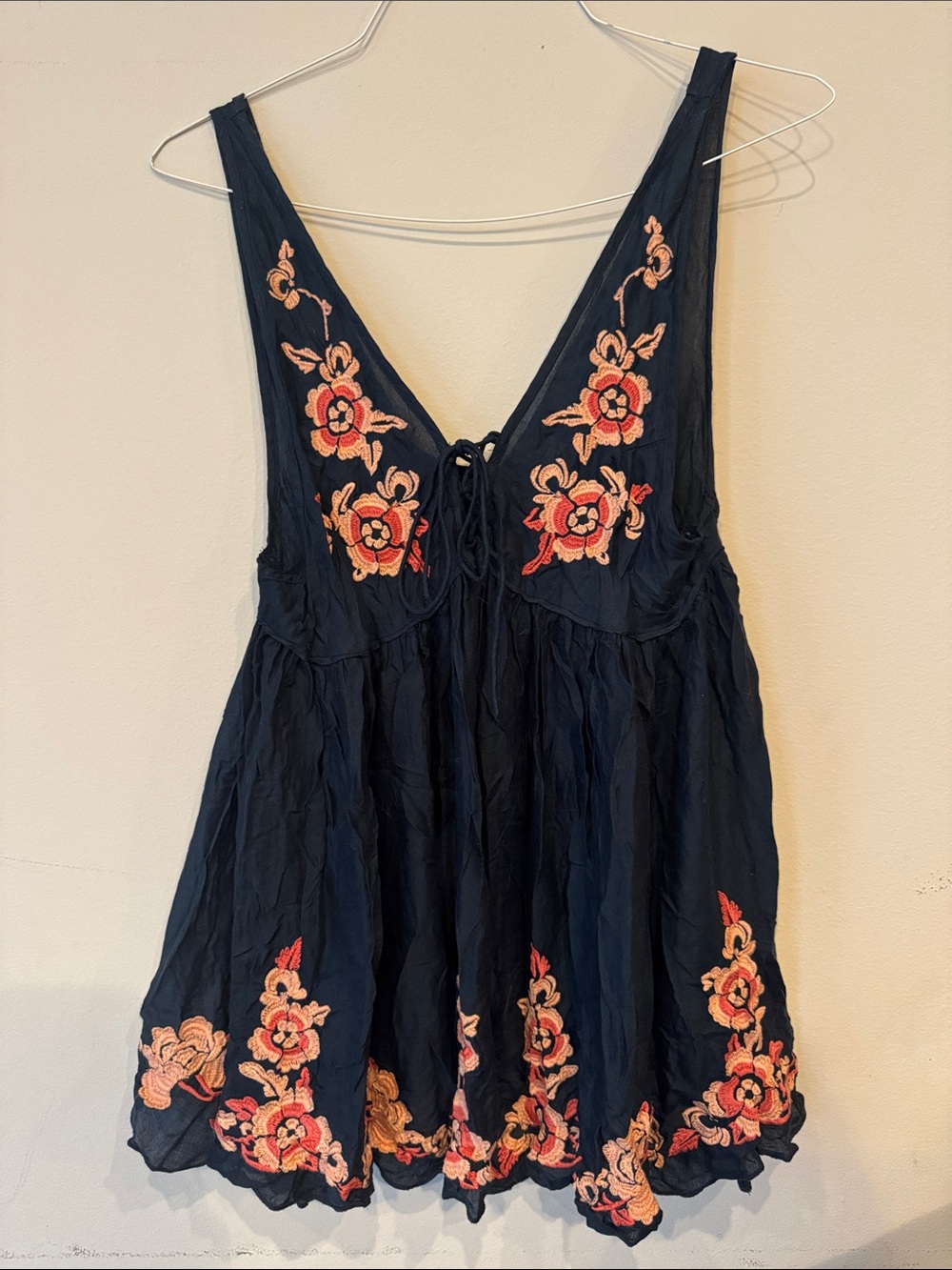 Free People Navy Mini Dress with Coral Floral Embroidery